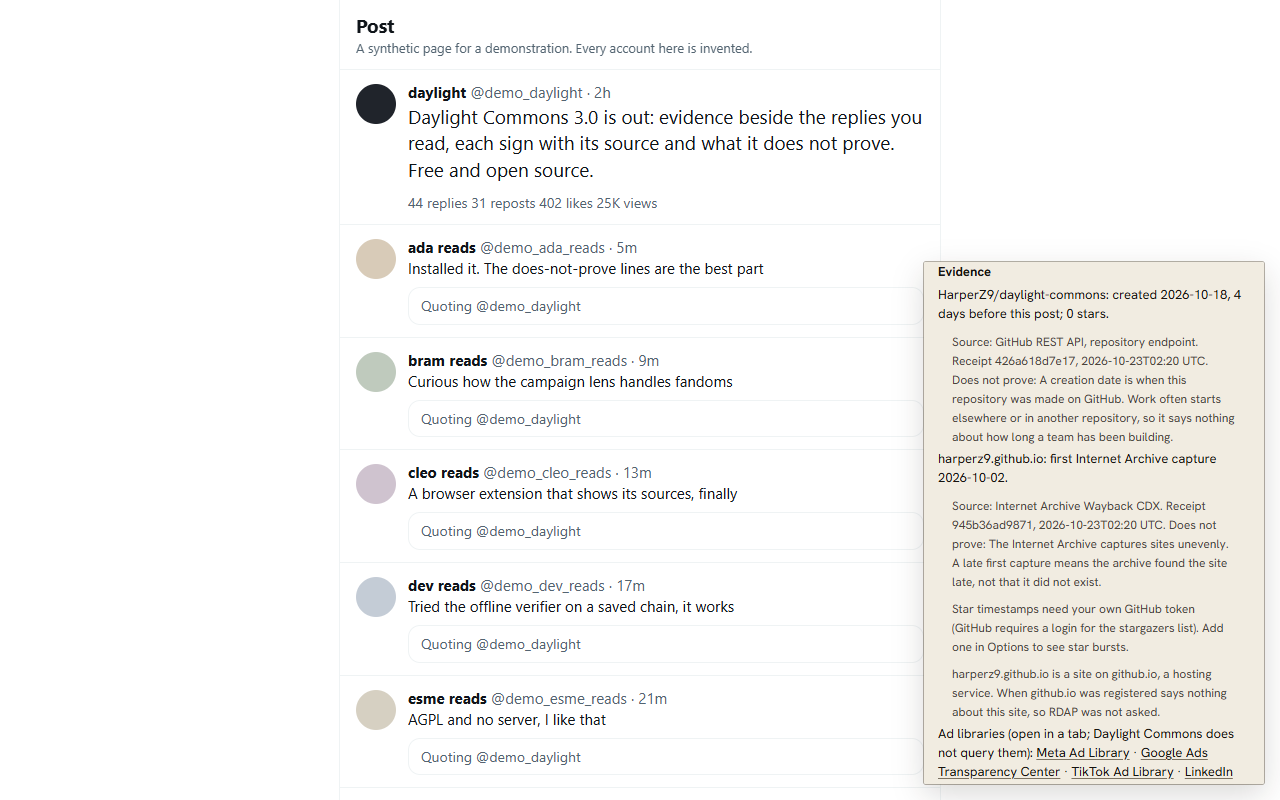 Evidence receipts: Daylight Commons' window on a synthetic page
