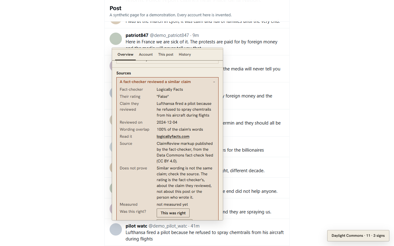 Fact-checked claims: Daylight Commons' window on a synthetic page