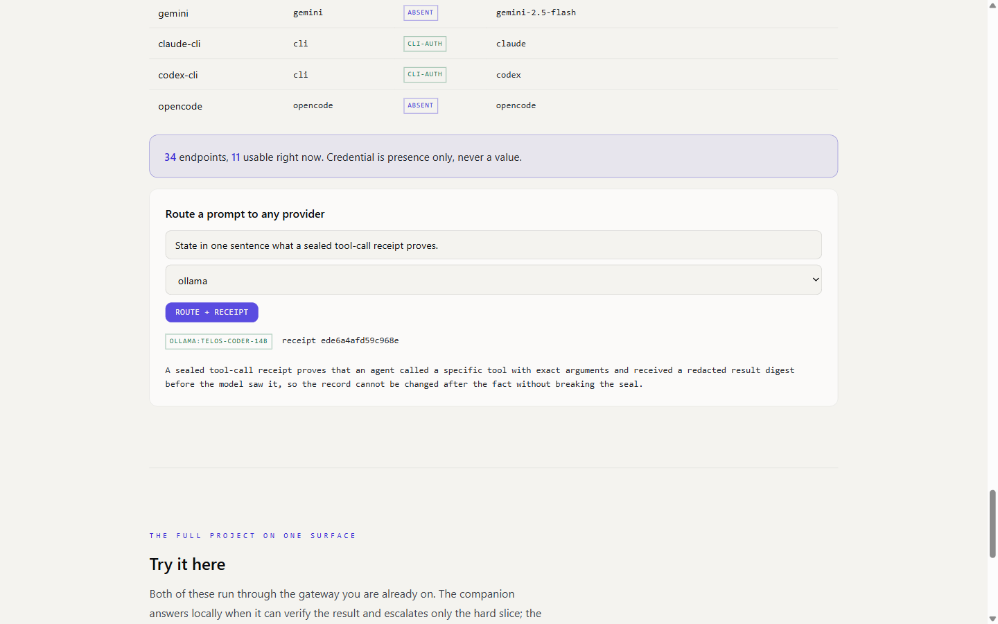 Flywheel gateway page: an endpoint table reporting 34 endpoints with 11 usable, a prompt routed to a local model through ollama, and the answer shown with its sealed receipt identifier