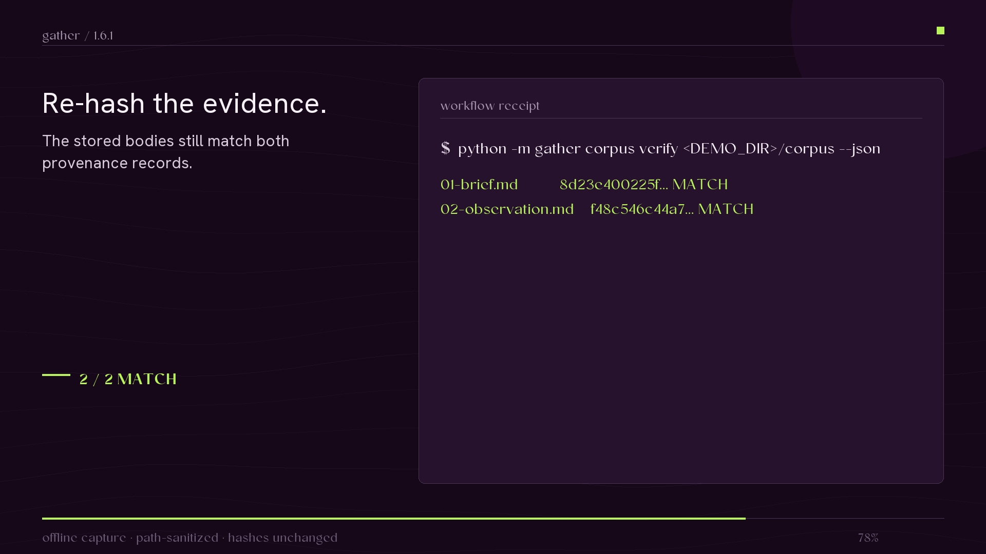 Gather workflow showing extracted source blocks, stored records, and a provenance match