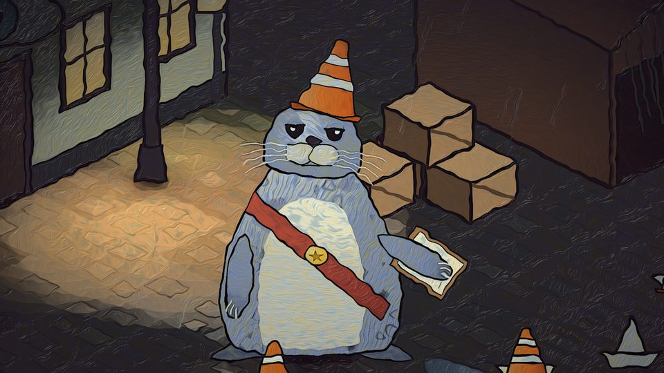 Pylon, a heavy harbour seal wearing an orange traffic cone and a sash, stands on a lamplit harbour street holding a paper.