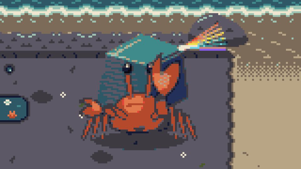 Rerun, a red hermit crab with a glass prism for a shell, on a pixel-art beach; light through the prism splits into a small spectrum.