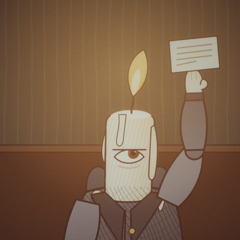 Tallow's face: one eye in the wax under the flame.