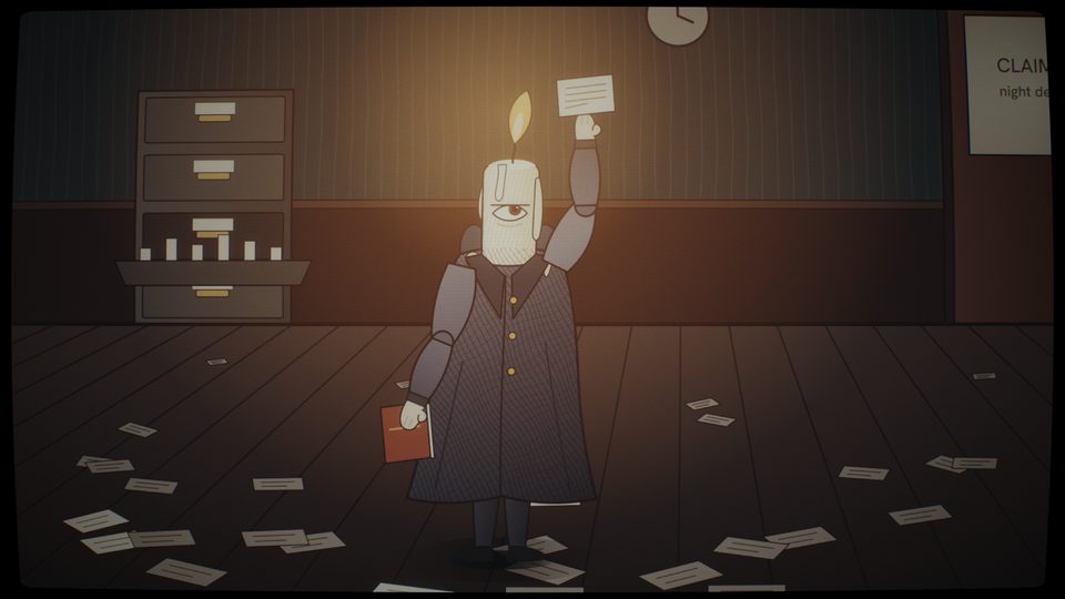Tallow, a tall clerk whose head is a lit candle, holds a reference card up to his flame in a dark office.