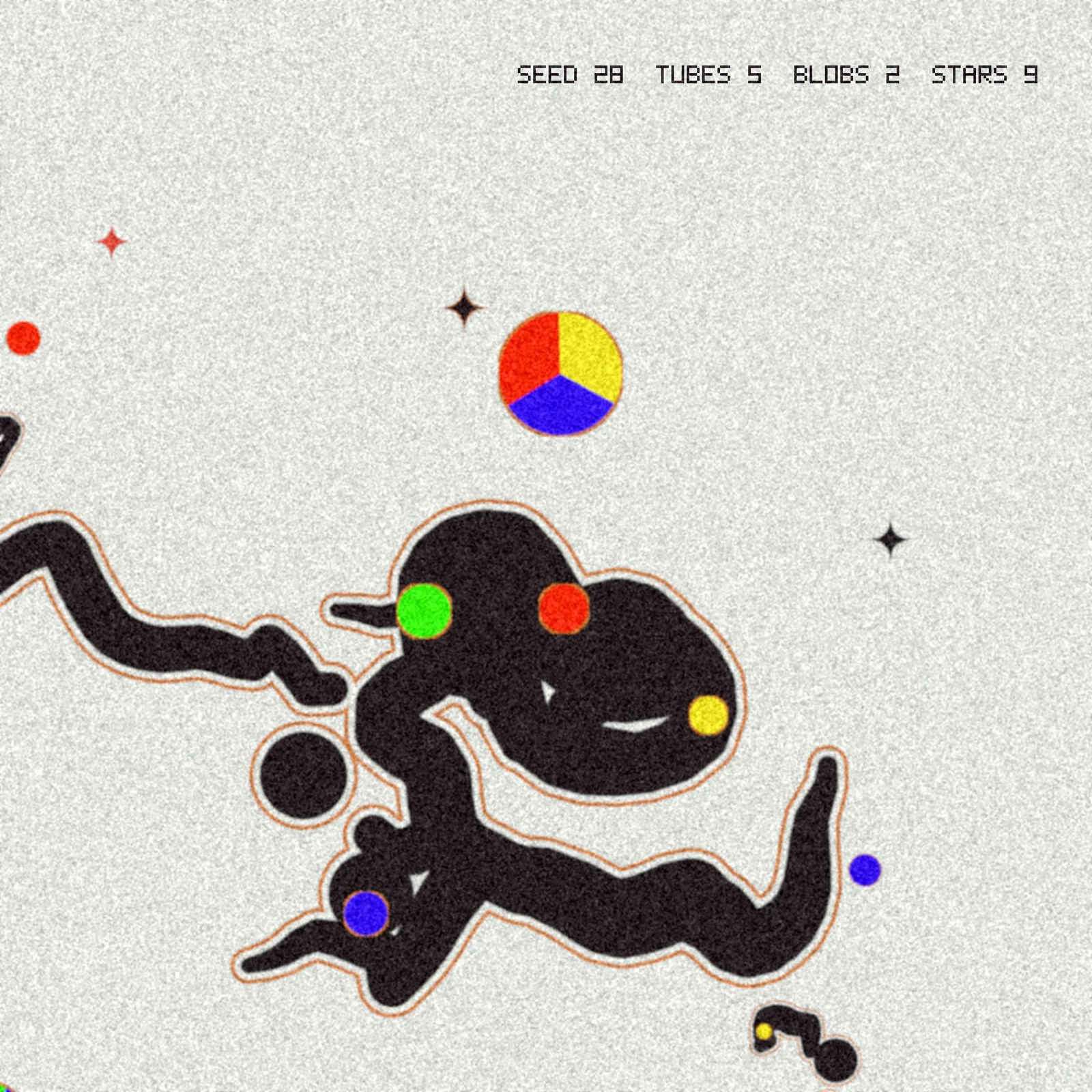 Grainy black looping shapes with a thin orange rim, flat red, yellow, blue and green discs, split balls and small four-point stars on a pale ground.
