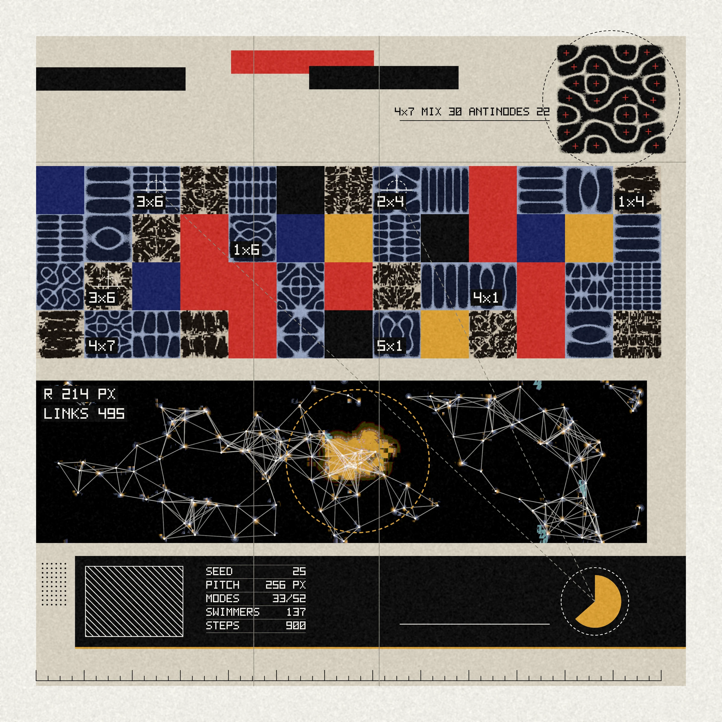A ruled sheet: a mosaic of sand-plate tiles and flat red, yellow and blue squares, a black band of swimmers joined by a white plexus, and an instrument panel with a dial and a table of values.