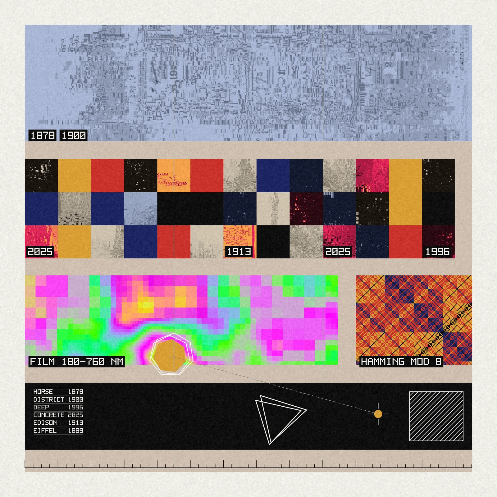 A sheet whose top band is Muybridge's horse posterized in blue and carrying the texture of a 1900 district map; below, tiles of archival plates, a thin-film band with a yellow heptagon on its brightest block, and a Hamming-field tile.