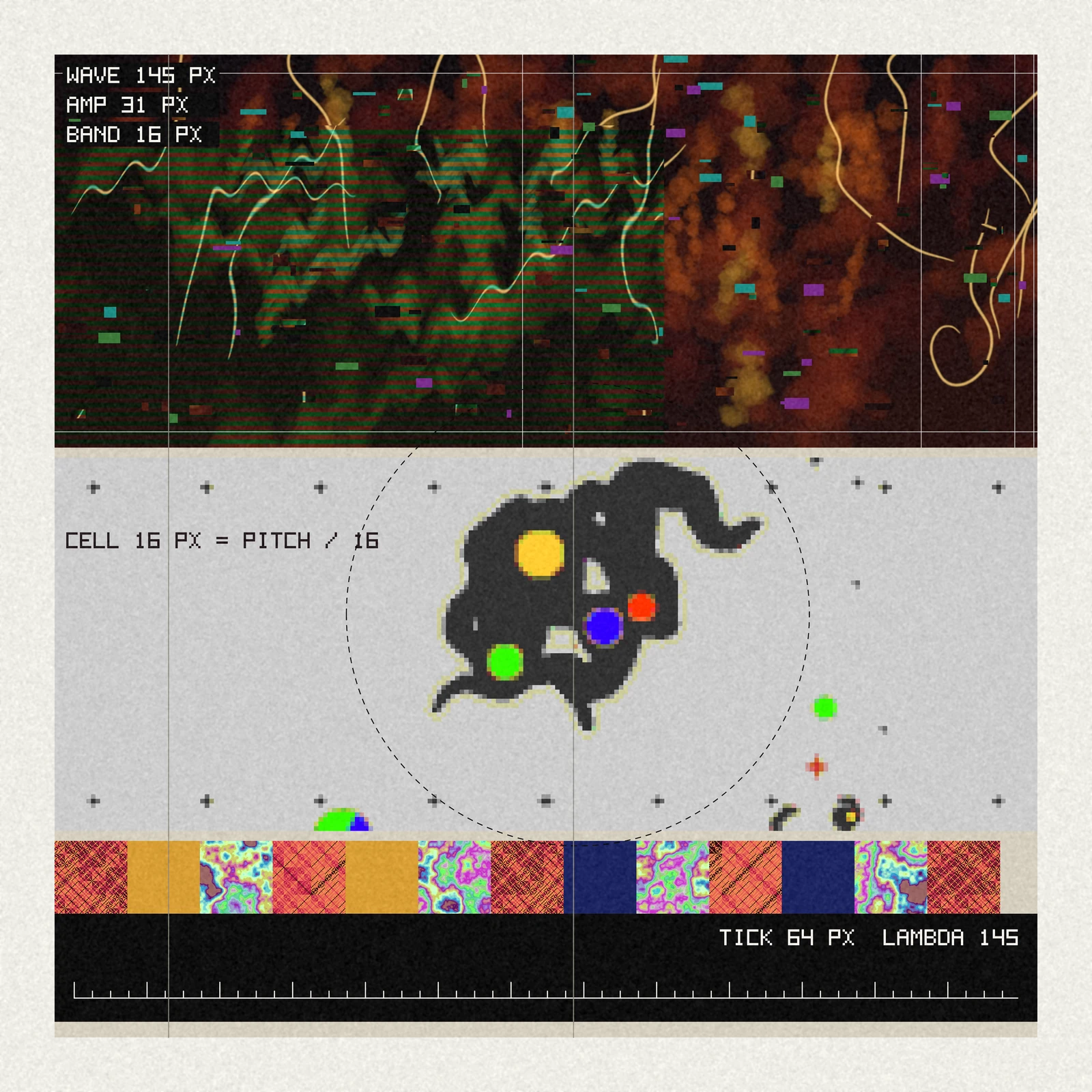 A painted ember field broken by a green-striped scanline wave and scattered colour blocks; below, a glyph cluster quantized to coarse cells; a strip of Hamming and thin-film tiles and a black ruler panel.