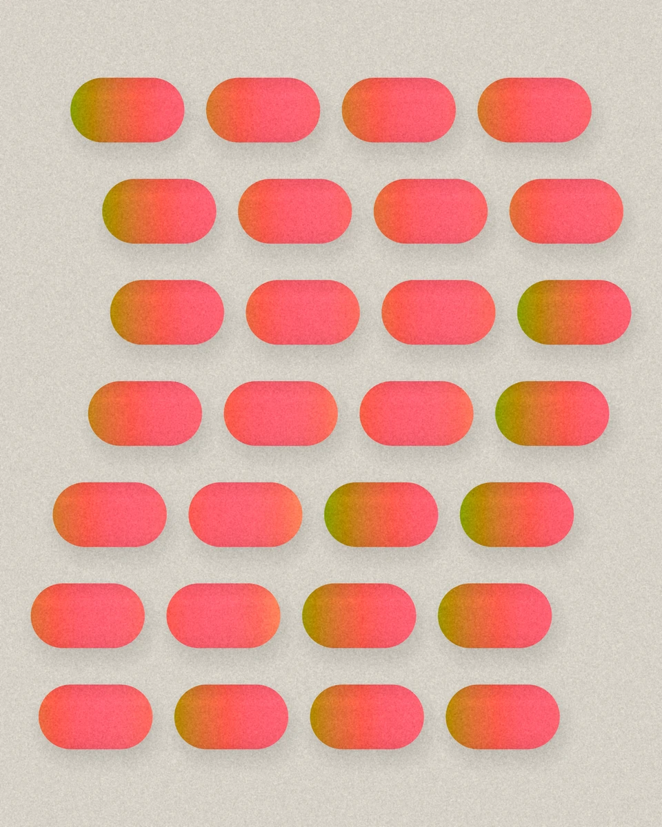 Rows of short pills offset in a wave, each a short spectral gradient.