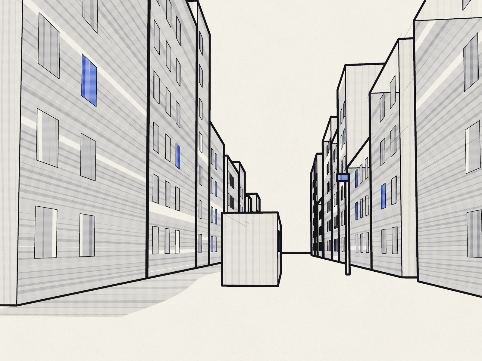 A street in grey marker and black line on warm white; marker strokes run toward the vanishing point; lit windows in blue.