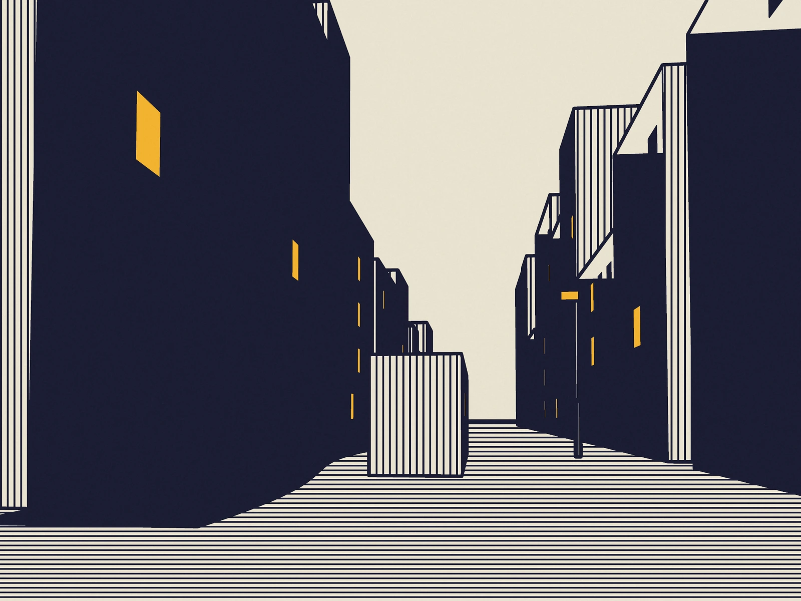 The same street in two inks: deep navy blocks, paper sky, hatched pavement, lit windows and the lamp in amber.