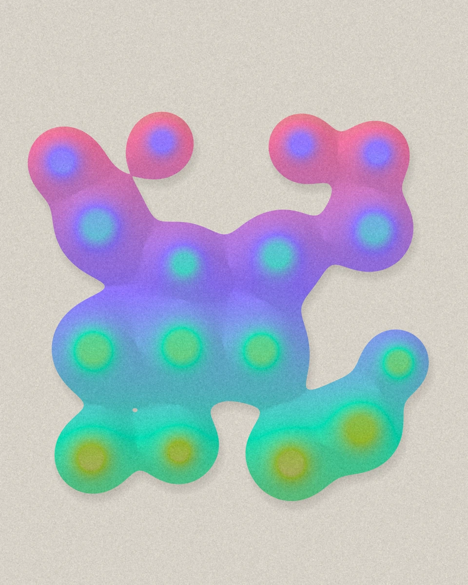 Sixteen soft blobs on a grid, neighbours fused by necks, coloured from violet at the top to green at the bottom.