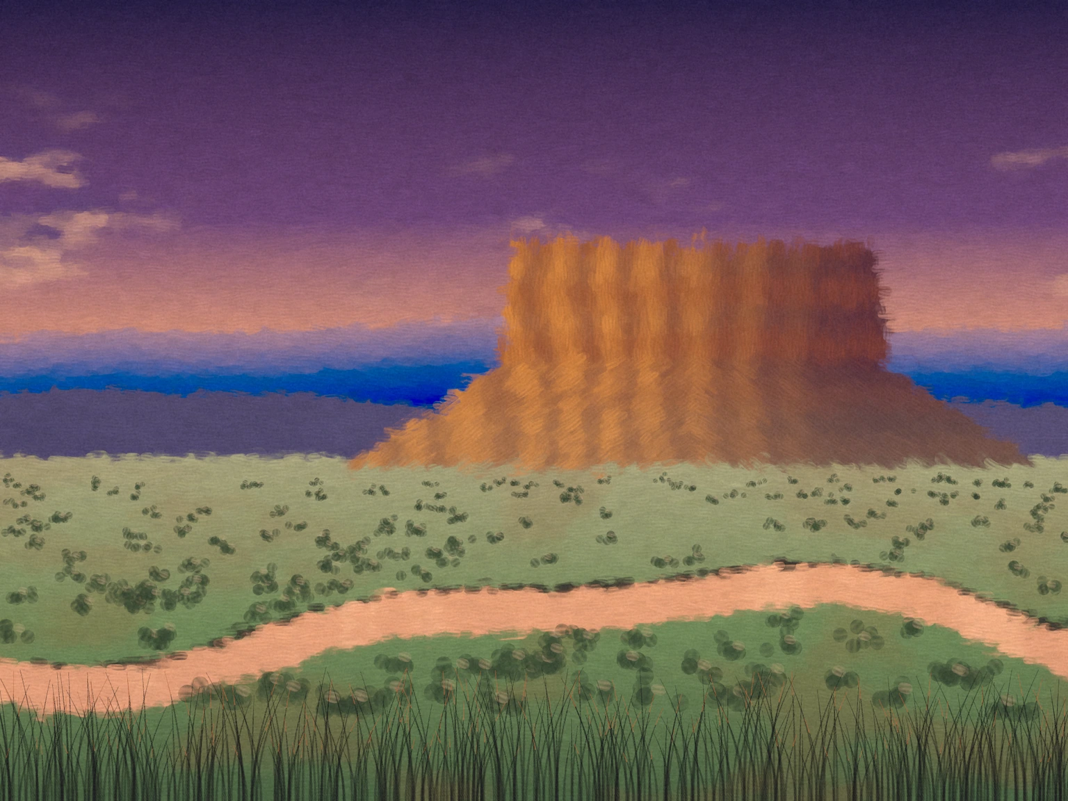 A painted dusk valley: violet sky with lit clouds, a banded orange sandstone mesa, a sage plain dotted with dark junipers, a pale river, dark reeds in front.