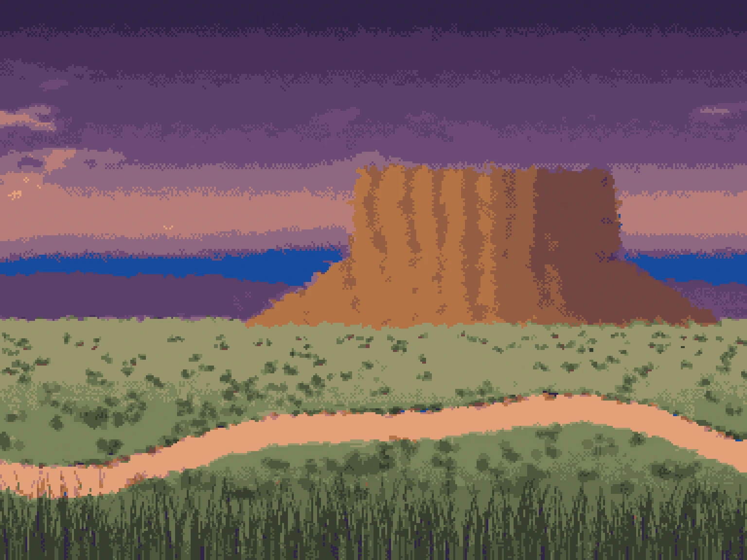 The same valley in pixel art: flat clusters, a stepped sky, the mesa in three oranges with a dark outline on its shadow side, reeds kept as dark pixels.