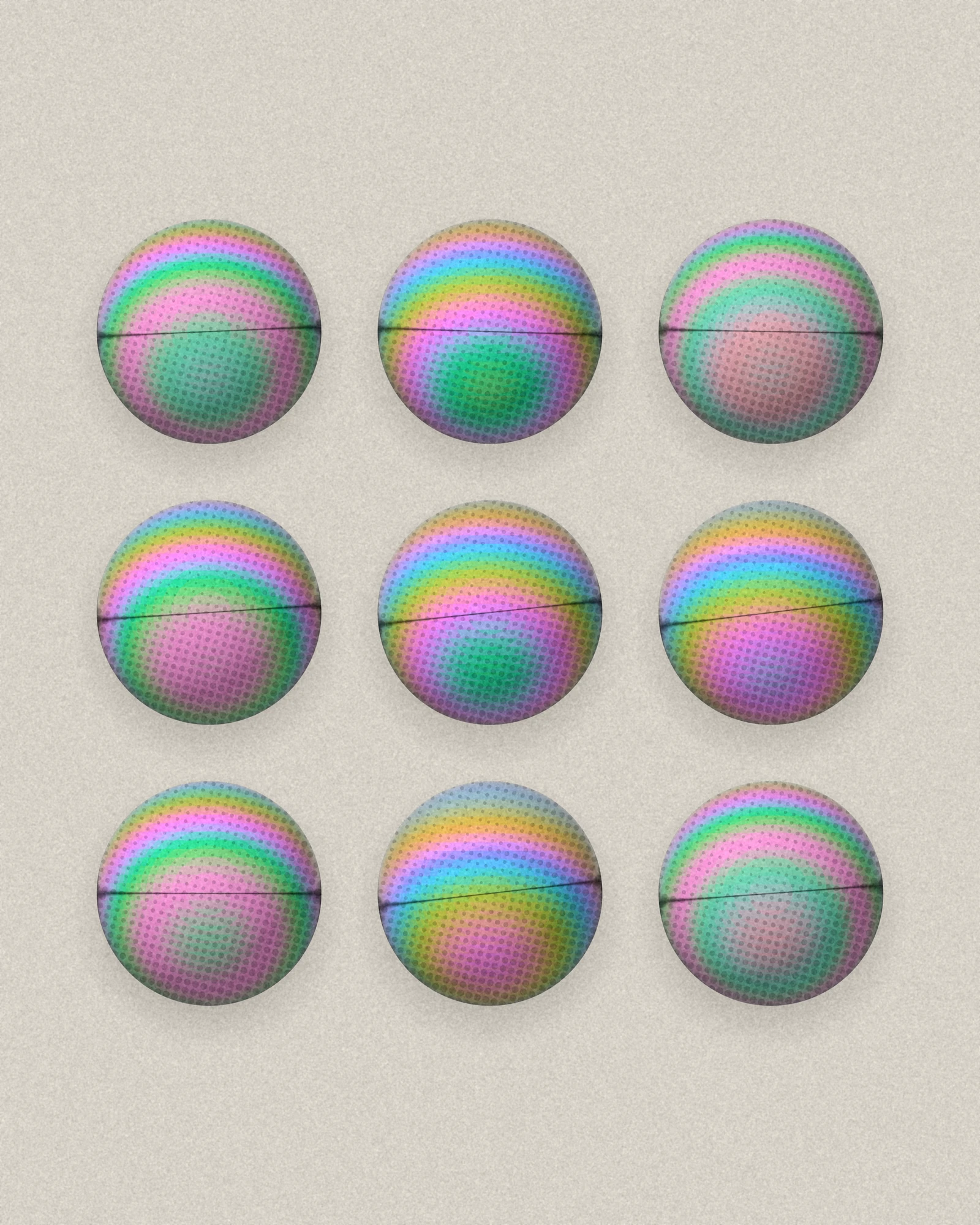 Nine spheres in a grid on warm grey, each coated in an oil-film iridescence of pink, green and gold, crossed by a thin dark horizon line, printed with a fine halftone on its shadow side.