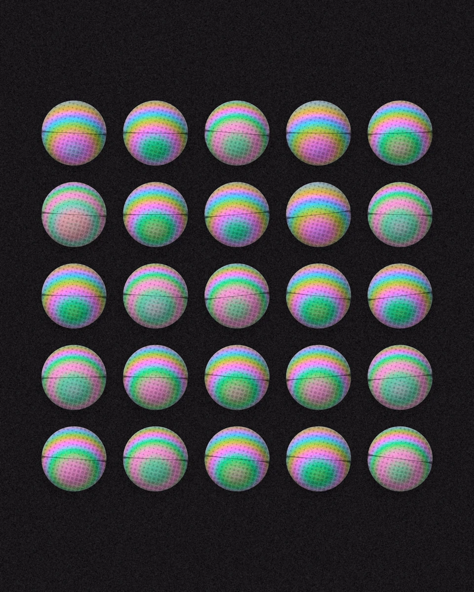 Twenty-five small iridescent spheres on near black, each crossed by its own reflected horizon.