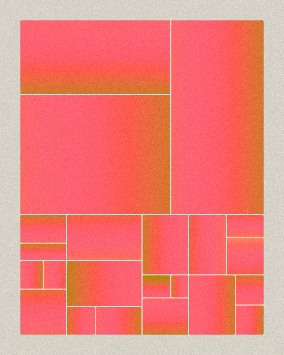 A sheet split again and again at golden and half ratios, each cell a gradient between two spectral colours.