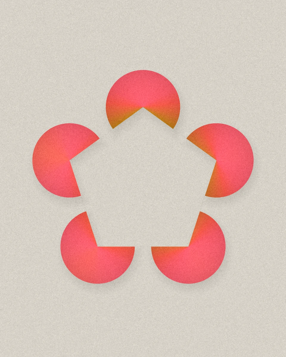 Five discs with wedges cut toward the centre; the cuts line up into a pentagon that is not drawn, marked only by a faint dashed hairline.