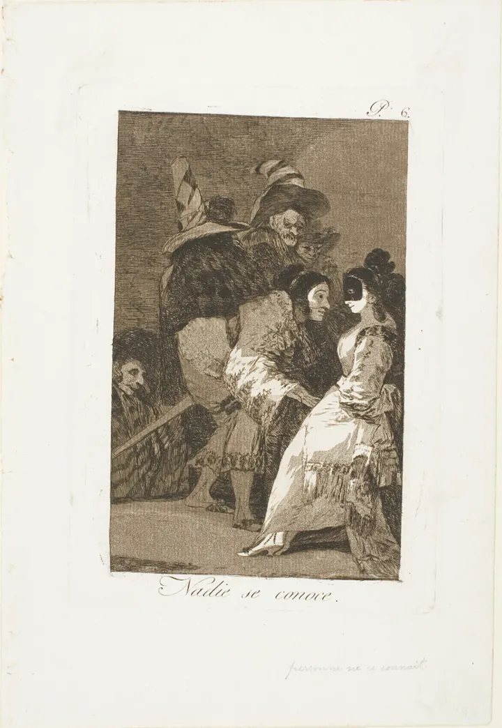 Goya's etching of a masked couple at a party.